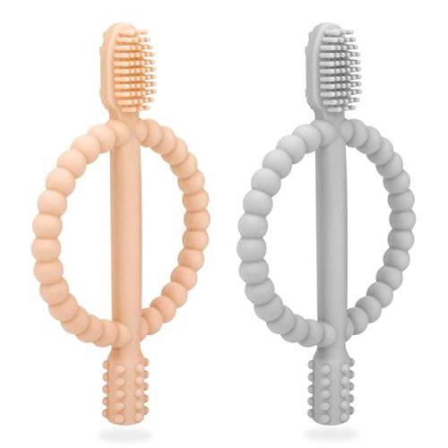 Baby Teething Toys with Easy-Hold Handle, Silicone Infant Toothbrush, Textured On Both Sides Helps Massage, Soothe Sore Gums, Teething Toys for Babies 0-6 Months, 6-12 Months - Peach Powder & Gray