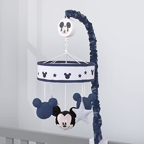 Disney Mickey Mouse Hello World Star/Icon Nursery Crib Musical Mobile, Navy, White, Grey