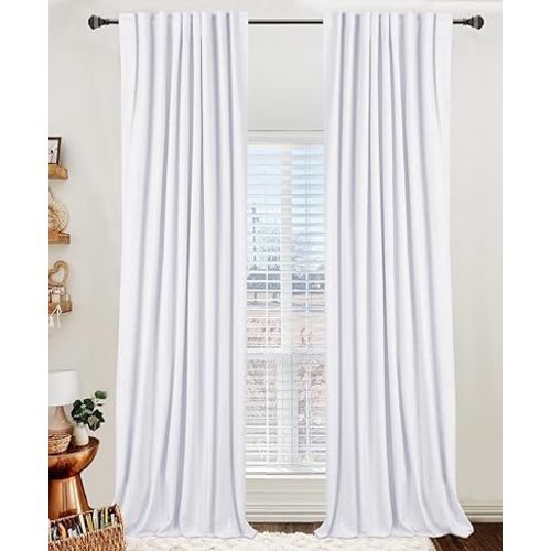 100% Blackout Shield Linen Blackout Curtains for Bedroom 90 Inches Long, Back Tab/Rod Pocket Living Room Drapes, Thermal Insulated Blackout Curtains 2 Panels Set, 50" W x 90" L, Bright White