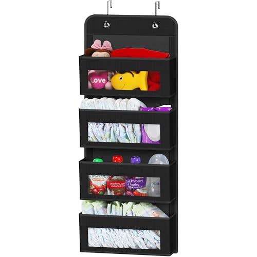 Simple Houseware 4 Clear Window Pocket Over Closet Door Storage Hanging Organizer for Bedroom, Bathroom, Pantry, Black