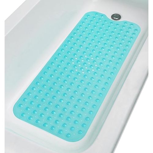 Extra-Long Non-Slip Bathtub & Shower Mat 39”x16” (Smooth/Non-Textured Tubs Only) Safe, Clean, Machine-Washable, Superior Grip&Drainage, Vinyl, Transparent Turquoise (Green-Blue)