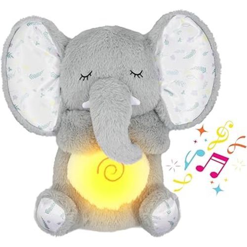 Breathing Stuffed Animal, Elephant Plush, Sleeping Plush for Kids Toy Birthday Gift with Sensory Details Musical Lights and Rhythmic Breathing Sleep Companion (Grey)