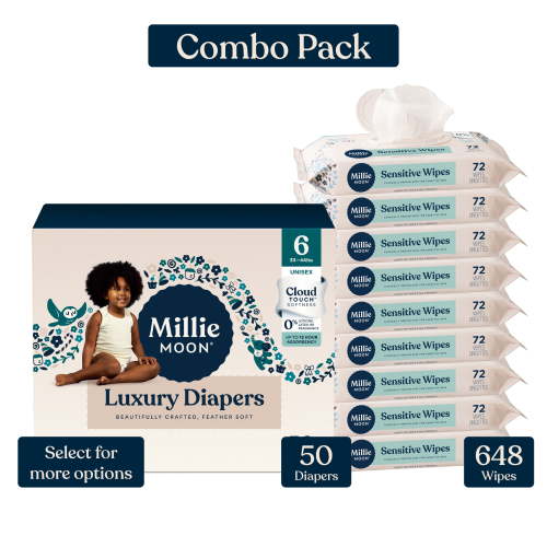 Millie Moon Luxury Diapers, Size 6, 50 Count, and Millie Moon Sensitive Baby Wipes, 9 Pack, 648 Wipes (Select for More Options)