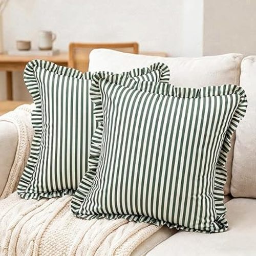 Yousoontic 2 Pcs Striped Coastal Pillows Cover with Ruffle 20 x 20 Inches Green and White Square Striped Throw Pillows Cover Cotton Decorative Cushion Case for Couch Home Living Room Bed Sofa Patio