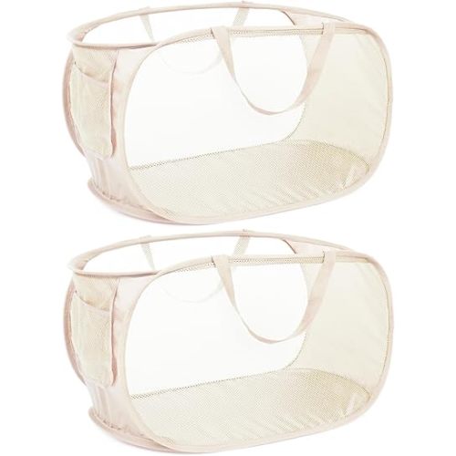 Durable Collapsible Laundry Baskets, Mesh Pop Up Laundry Hamper with Side Pocket, Foldable Clothes Hamper with Reinforced Carry Handles for Laundry, Bathroom, Kids Room, Dorm or Travel 2 Pack Beige
