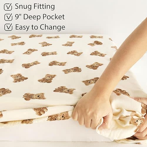 LifeTree Crib Sheets for Baby, Muslin Fitted Crib Sheets Boys Girls - Toddler Bed Sheet Fits Standard Crib, 70% Viscose from Bamboo and 30% Cotton, Bear Pattern, 28in x 52in