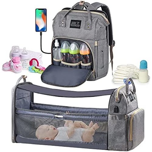 Diaper Bag Backpack - with Changing Station HKZ 5 in 1 Baby Diaper Bags for Girls and Boys,Travel Foldable Baby Bed Multifunction Large Capacity Baby Bassinet with USB Charging Port,Waterproof (Gray)