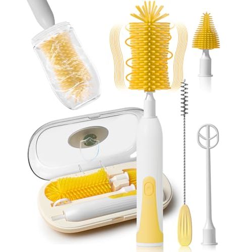 Deekuiwi Electric Baby Bottle Brush Set, Automatic Spinning Bottle Brush, Straw Brush, Milk Frother, Travel Set, for New Moms, Baby Bottle Cleaner (Yellow)