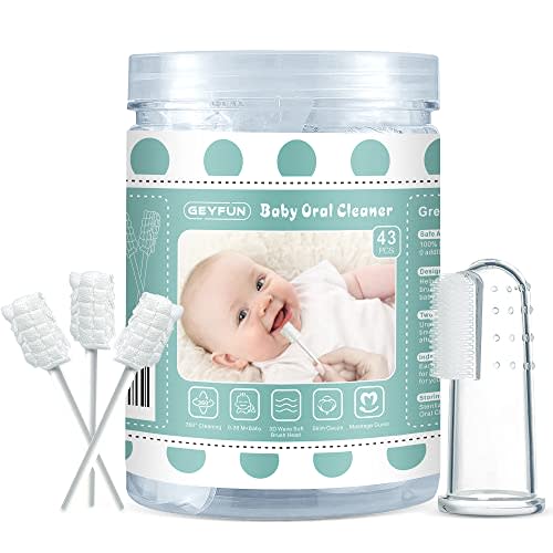 Baby Tongue Cleaning, 43-Pack Infant Baby Tougue Cleaner, Disposable Baby Gum Brush Newborn Mouth Cleaner Dental Care for 0-36 Month Baby + 1 Finger Toothbrush with Case