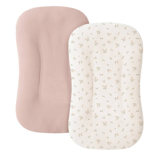 Muslin Baby Lounger Cover for Newborn & Infant, 100% Cotton Soft and Breathable Lounger Slipcover for Baby Girls and Boys, Pack of 2 (Pink Blossom)