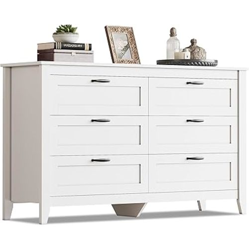 WLIVE White Dresser for Bedroom, 6 Drawer Wood Dresser with Metal Handle, Large Double Wooden Chest of Drawers for Living Room, Hallway, Closet