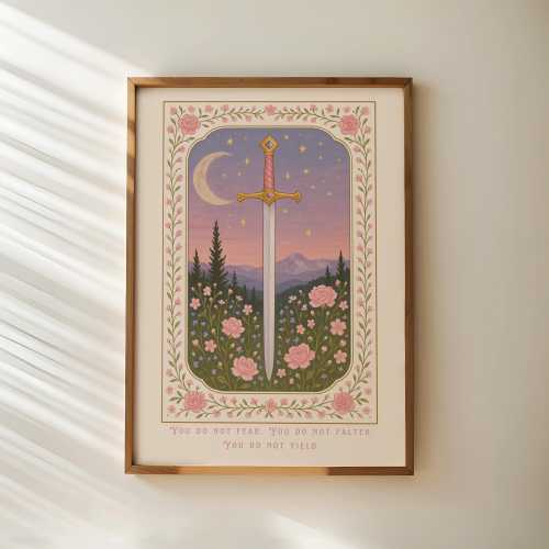 You do not fear. You do not falter. You do not yield Print, Fantasy Wall Art, Girly Book Lover Gift, Sword Art, Book Quote, Pink Print