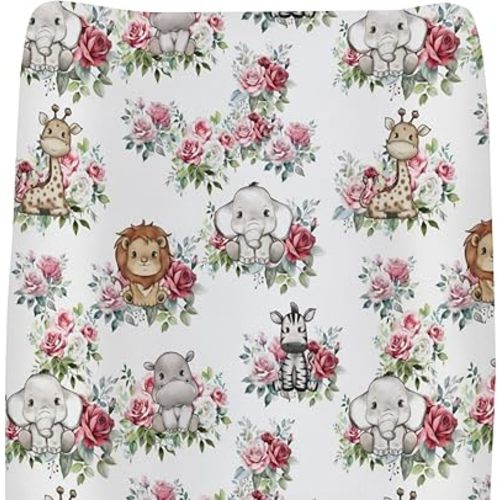 Cute Jungle Safari Animals Roses Leaves Changing Pad Covers for Baby Girl Boy Elephant Hippo Zebra Giraffe Fitted Change Table Mats African Animals Soft Diaper Change Table Cover Sheets 32''×16''