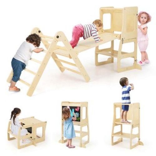 Costway 7-in-1 Toddler Climbing Toy Set with Reversible Ramp Convertible Step Stool Natural