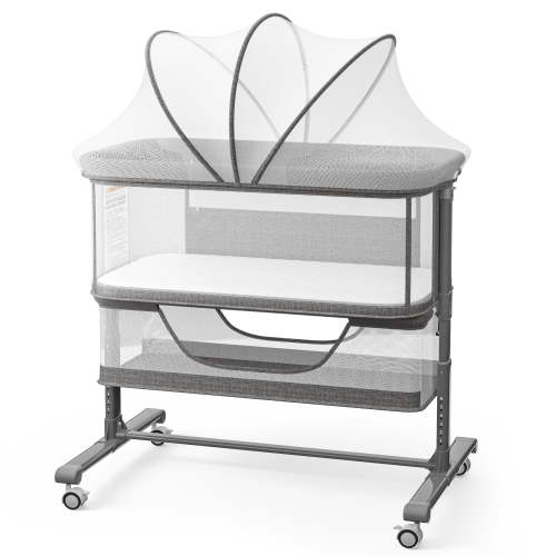 AILEEKISS Bedside Bassinet for Newborn, 6 Height Adjustable Baby Bassinet with Mosquito Net, Grey