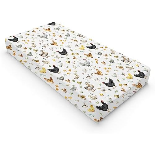Spring Farm Animals Boho Leaves Changing Pad Covers Chick Rooster Hen Duck Eggs Baby Diaper Changing Pad Cover for Boy Girl Soft Breathable Stretchy Baby Changing Table Sheets Mats 32''x16''