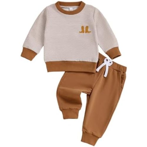 Country Western Baby Boy Clothes Toddler Cowboy Boots Striped Crewneck Sweatshirt and Pants 2 Piece Fall Outfit Set