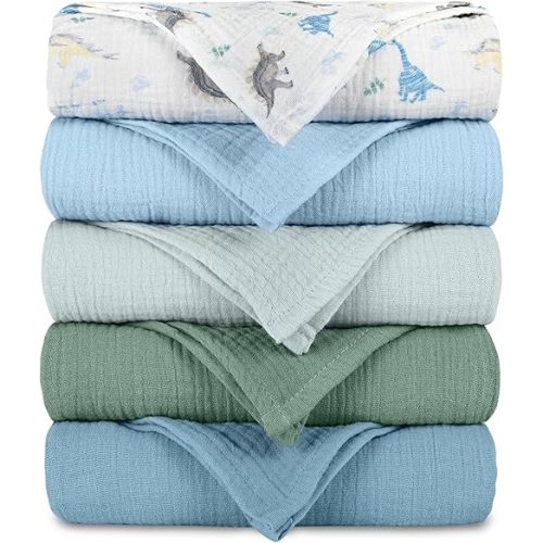 Muslin Receiving Blankets, Neutral Blanket Swaddling for Newborn Boys and Girls, 5 Pack Breathable and Skin-Friendly Swaddle Wrap for Infant Baby (Blue Dinosaur)