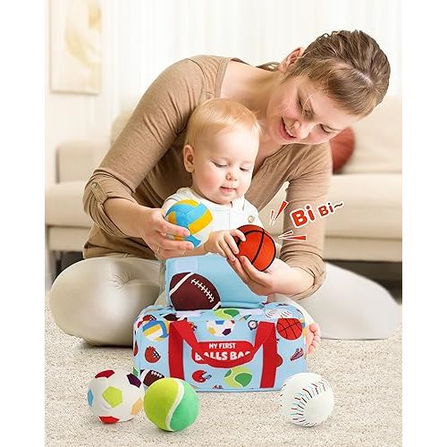 Vanmor Sensory Sports Balls for Babies 6-12M+, 6 Pack Machine Washable Plush Ball Set with Crinkle, Rattles, Squeaky Sounds, Toddler Learning Toys, Portable Travel Bag, Baby Shower Toy for Newborn