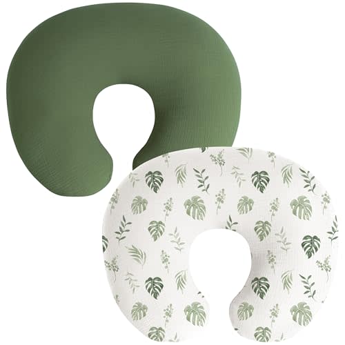 Coreeky Muslin Nursing Pillow Covers, 2 Pack, Soft & Adorable Slipcovers with Zipper Closure, 100% Cotton Covers for Breastfeeding Pillows (Leaf, Green)