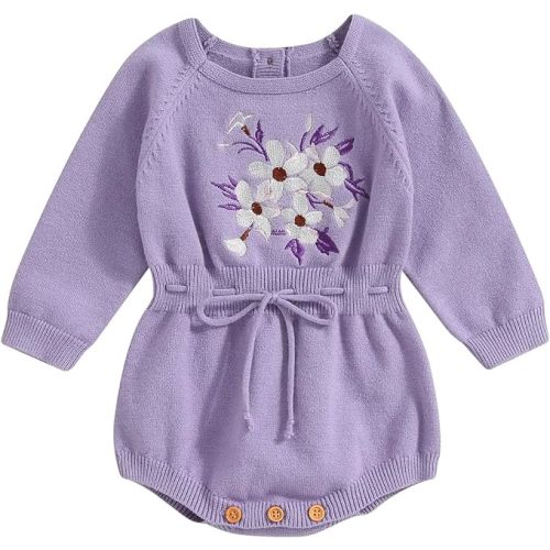 ZAXARRA Baby Girl Sweater Romper Baby Girl Knit Sweater Embroidery Flower Sweatshirt Romper Infant Fall Clothes - 0-6 Months - Purple