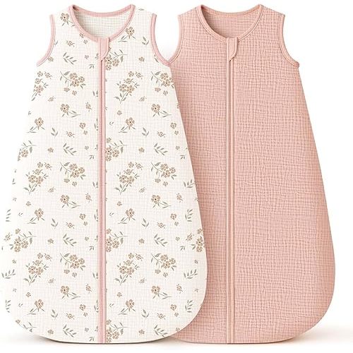 Konssy Muslin Baby Sleep Sack 6-12 Months 0.7 TOG, 2 Pack 100% Cotton Wearable Blanket for Babies, 2-Way Zipper Breathable Sleeping Sack Infant Toddler Essentials for Girls and Boys (Blossom, Pink)