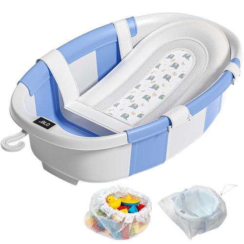 Collapsible Baby Bathtub, Baby Tubs for Newborns with Soft Cushion & Thermometer & Toy Organizer Mesh Bag, Infant Bathtub to Toddler 0-36 Months, Portable Travel Newborn Baby Bathtubs (Blue)