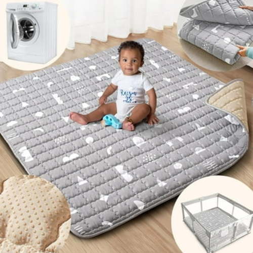 Beavtaens Baby Play Mat for Floor, 50x50 Playpen Mat with Super Soft Touch, Play Pen Mats with Upgraded Anti-Slip Bottom, Machine Washable (Boho Gray)
