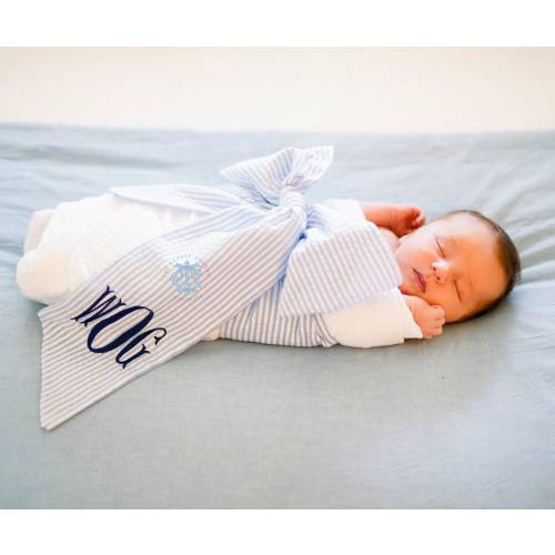 Monogrammed Newborn Baby Seersucker Bow Sash Maternity Photography Prop, Monogrammed Newborn Wrap, Baby Photo Prop, Big Bow