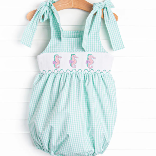 Sea Grass Seahorses Smocked Bubble, Mint – Stitchy Fish