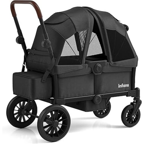 INFANS Wagon Stroller for 2 Kids, Collapsible Adjustable Push Pull Handle Bar, 2 Seater Stroller Wagon with Removable Canopy Snack Tray, Comfortable Drop-Down footwell and Upholstered Seats