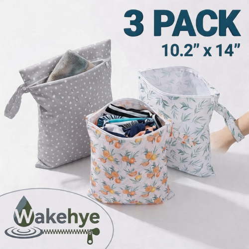 3Pcs Wet Dry Bag with Wrist Strap Reusable Waterproof Wet Bag for Baby Cloth Diaper Swimming Travel and Laundry (Grey)