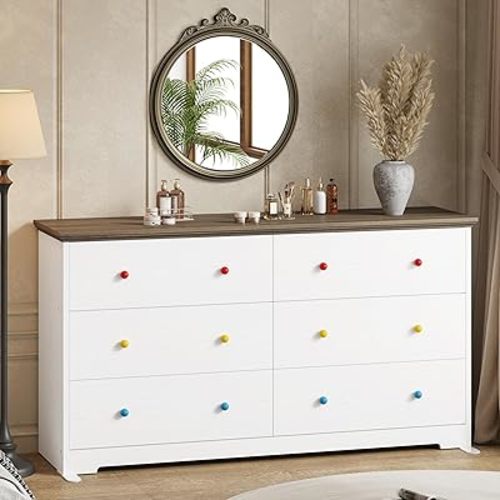 LIKIMIO 6 Drawer Dresser for Bedroom with Colorful/Black Handles Optional, 59" Wide Wood Chest of Drawers, Storage Dressers Organizer with Metal Sliding Rail for Living Room, Hallway, Entryway, White