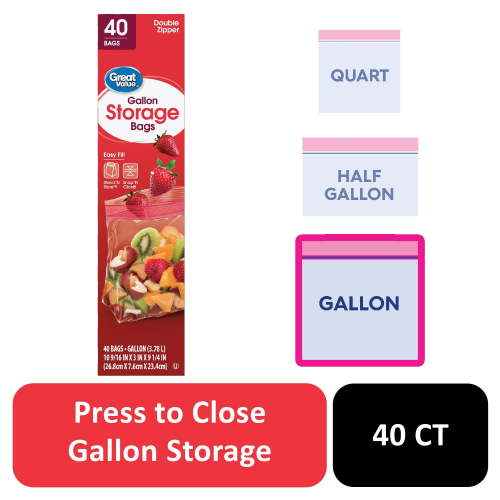 Great Value Gallon Storage Bags with Double Zipper Seal, 40 Count, Food Organization