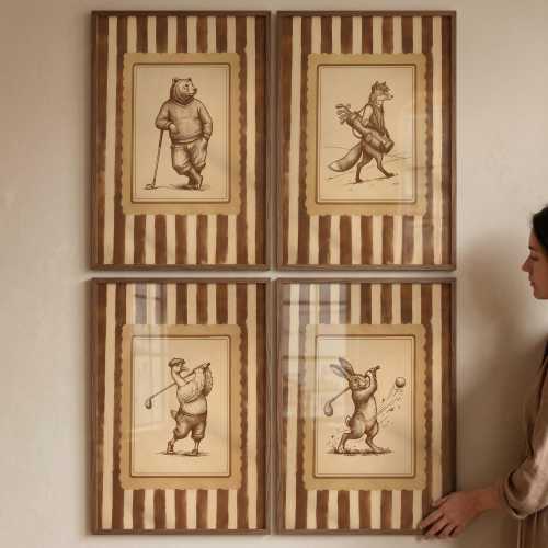 Striped Background Golfing Animal Wall Art Set of 4, Vintage Sports Decor, Bear Fox Rabbit Goose Prints, Sepia Golf Art, Man Cave Wall Art