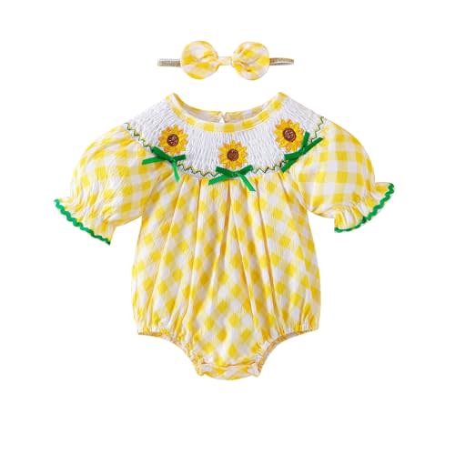 FOCICI Baby Girl Clothes Smocked Romper Newborn Plaid Short Sleeve Bubble Bodysuit + Bow Headband Summer Outfits 0-18 Months