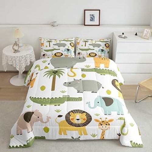 Feelyou Wild Animals Comforter Set Safari Animals Print Comforter for Boys Girls Toddler Cute Hippo Crocodile Lion Bedding Set Kids Cartoon Elephant Giraffe Duvet Set Room Decor Quilt Set Toddler Size