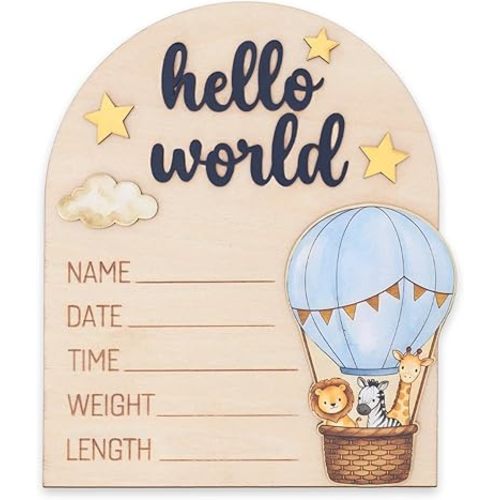 Hot Air Balloon Arch Wooden Birth Announcement Sign - 3D Hello World Safari Animals Name Plaque for Hospital - Newborn Photo Prop Ornament - Nursery Wall Decor Keepsake Gift for Boy Girl