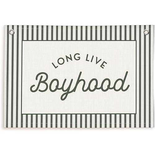 Lacama Vintage Green Long Live Boyhood Boys Room Decor, Boy Nursery Decor, Linen Banner Wall Hanging Canvas Banner Flag Decor for Toddler Boy Room Nursery 30x20 Inch