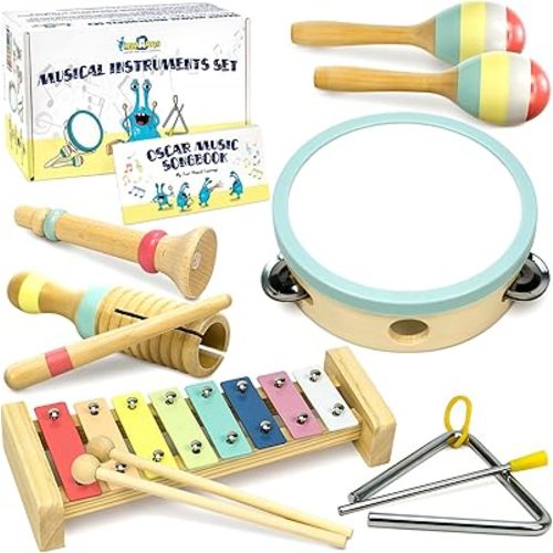 Baby Musical Instruments - Montessori Musical Toys for Toddlers 1-3 | Neutral Colors Wooden Percussion Set | Modern Boho Xylophone for Kids with 15 Songbook, Preschool Educational Toys