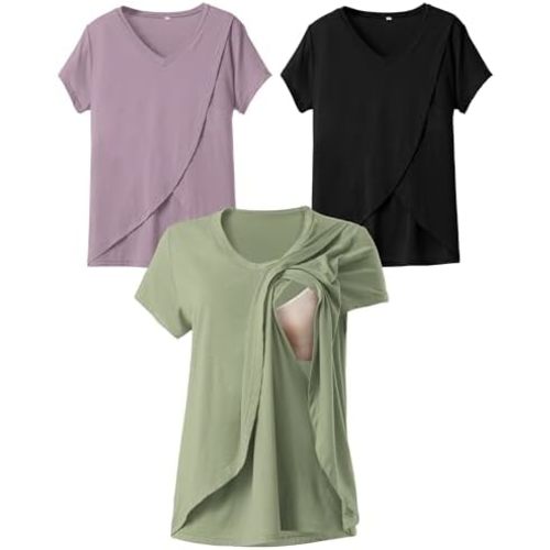 Rnxrbb V Neck Nursing Tops for Breastfeeding Tshirts Summer Postpartum Clothes Sets Short Sleeve 3 Pack Double Layer