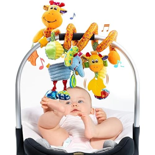 Jollybaby Crib Stroller Car Seat Toys for Baby 0-3-6-9-12 Months, Tummy Time Hanging Sensory Toys for Newborn with Music Box and Teether, Spiral Carseat Toy for Infant Boys Girls Gifts (Giraffe)