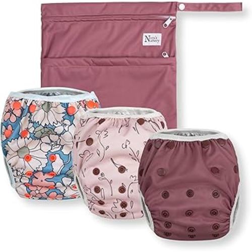 Nora's Nursery Reusable Swim Diapers and Wet Bag - One Size Fully Adjustable - Charleston Rose Unisex 3 Pack with Wet Bag