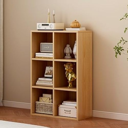 6-Cube Wooden Storage Shelf 3-Tier Floor Standing Bookcase Oak