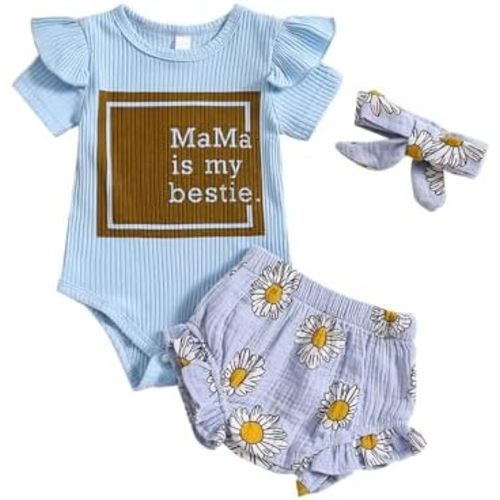 Newborn Infant Baby Girl Summer Clothes Rib Frill Short Sleeve Romper Elastic Waist Shorts Headband 3Pcs Outfits Set