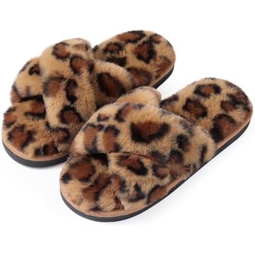 Evshine Women's Fuzzy Slippers Cross Band Memory Foam House Slippers Open Toe