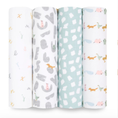 aden + anais Alphabet Animals Cotton Muslin Swaddle 4 pack