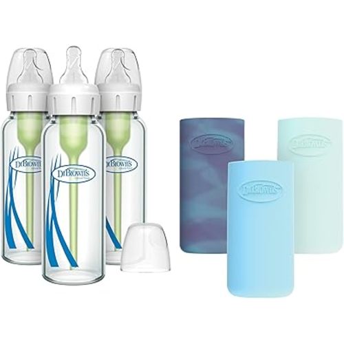 Dr. Brown's Natural Flow Anti-Colic Options+ Narrow Glass Baby Bottle, 8 oz/250 mL, with Silicone Bottle Sleeve, 3 Pack, Glow/Blue/Mint