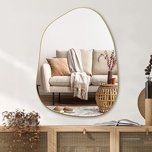 PERFNIQUE Irregular Wall Mirror Asymmetrical Mirror, 32''x24'' Golden Wood Framed Mirror for Bathroom Bedroom Living Room Entryway, Decorative Modern Wall Decor, Wall Mouted Mirror (Gold, 32''x24'')