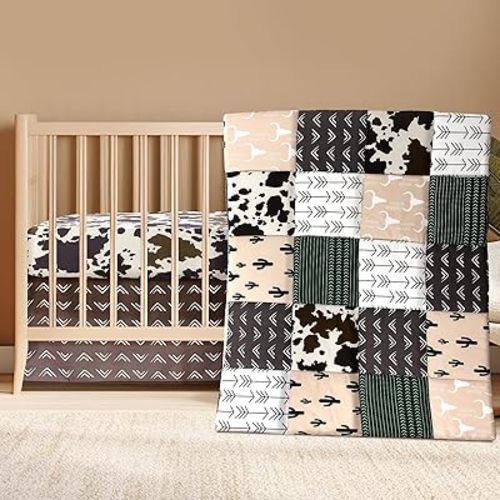 3 Piece Patchwork Crib Bedding Set, Neutral Cow Cactus Print Baby Bedding, Barnyard Western Nursery Decor, Standard Size Soft Baby Bed Set Includes Quilt, Fitted Crib Sheet, Bed Skirt